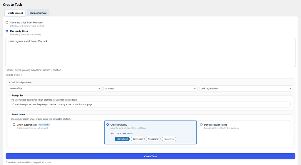 AI Poster task form with a ready article title and Informational search intent selected.