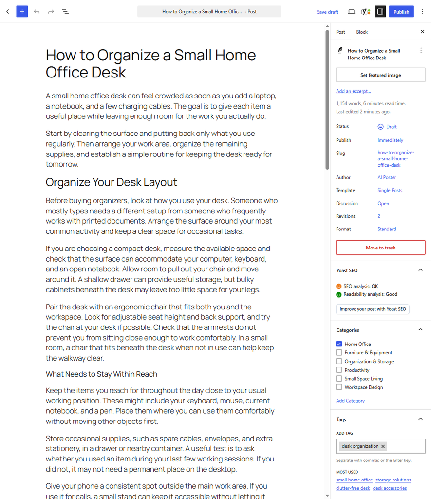 Example article draft in the WordPress editor, ready for editing and review.